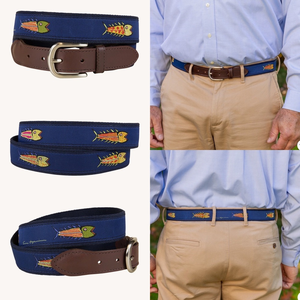 Belted Cow Co. Hopkins Fish Ribbon Club Belt Navy Blue & Brown‎ Leather Size 36